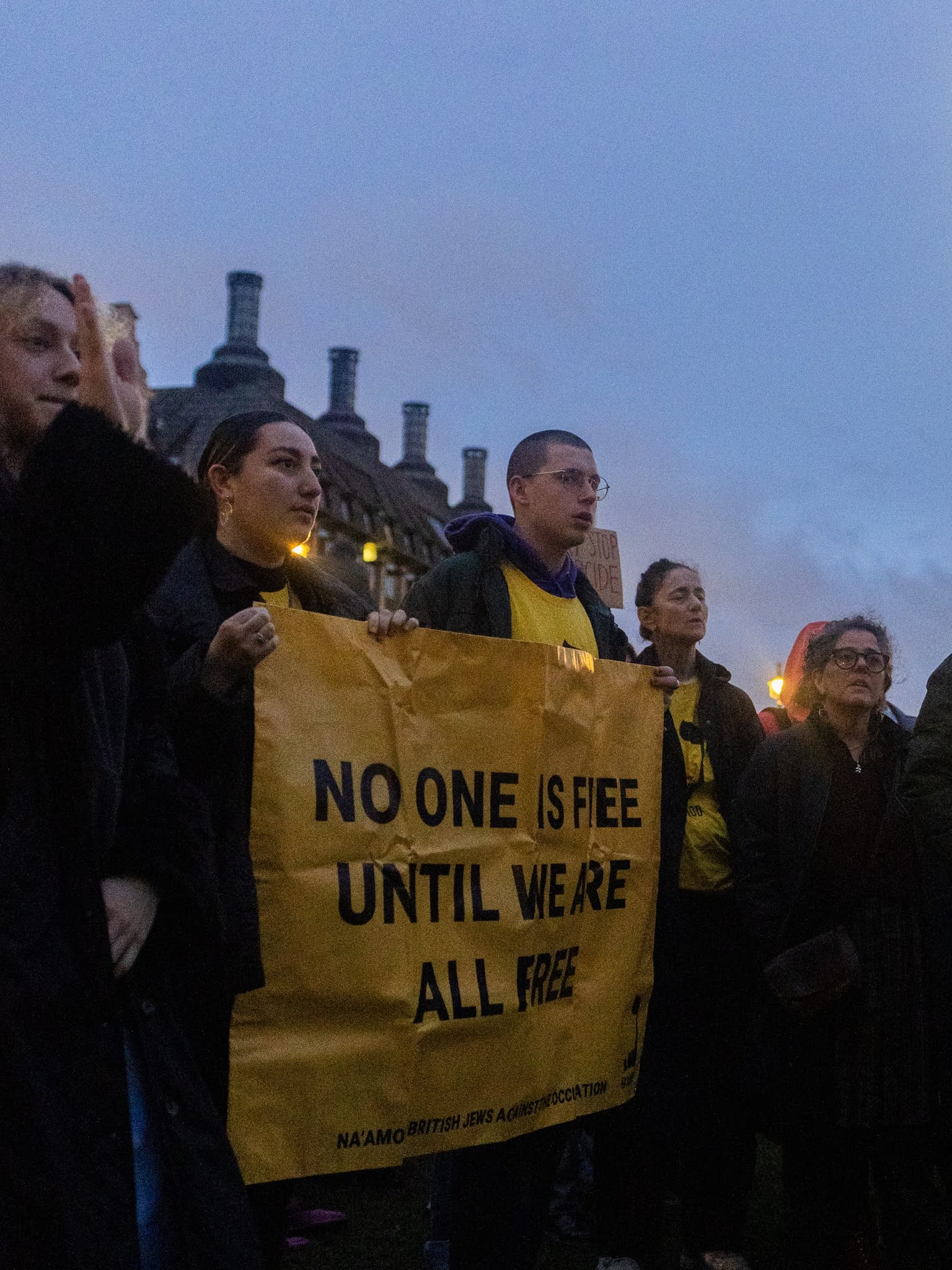 Activists join a rally organised by Na'amod in Parliament Square demanding an end to Israel's genocide in Gaza, 19 October, 2023. Credit: Talia Woodin