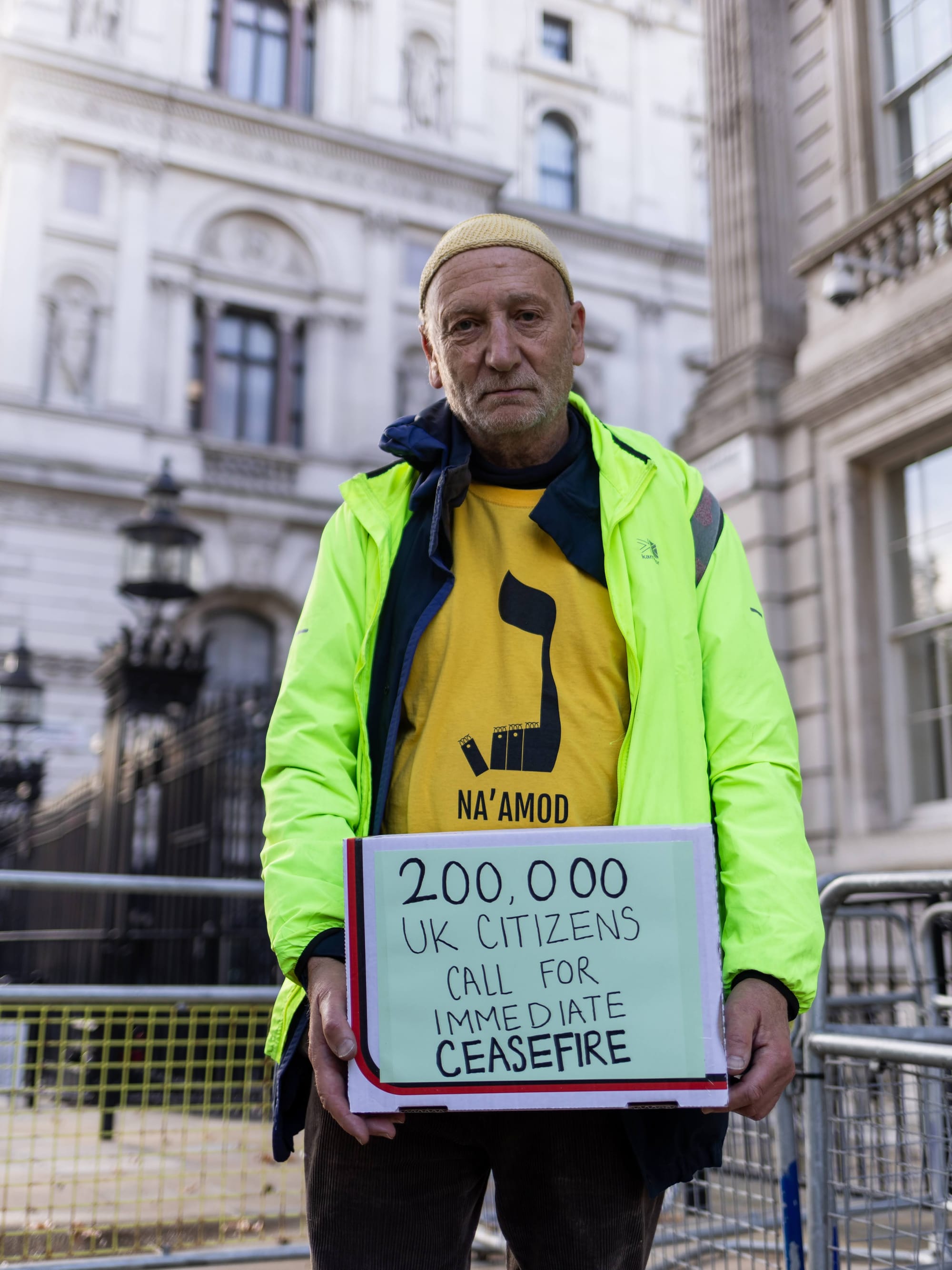 A Jewish activist takes part in the handing in of a petition to Downing Street signed by 200,000 Brits, 25 October, 2023. Credit: Talia Woodin