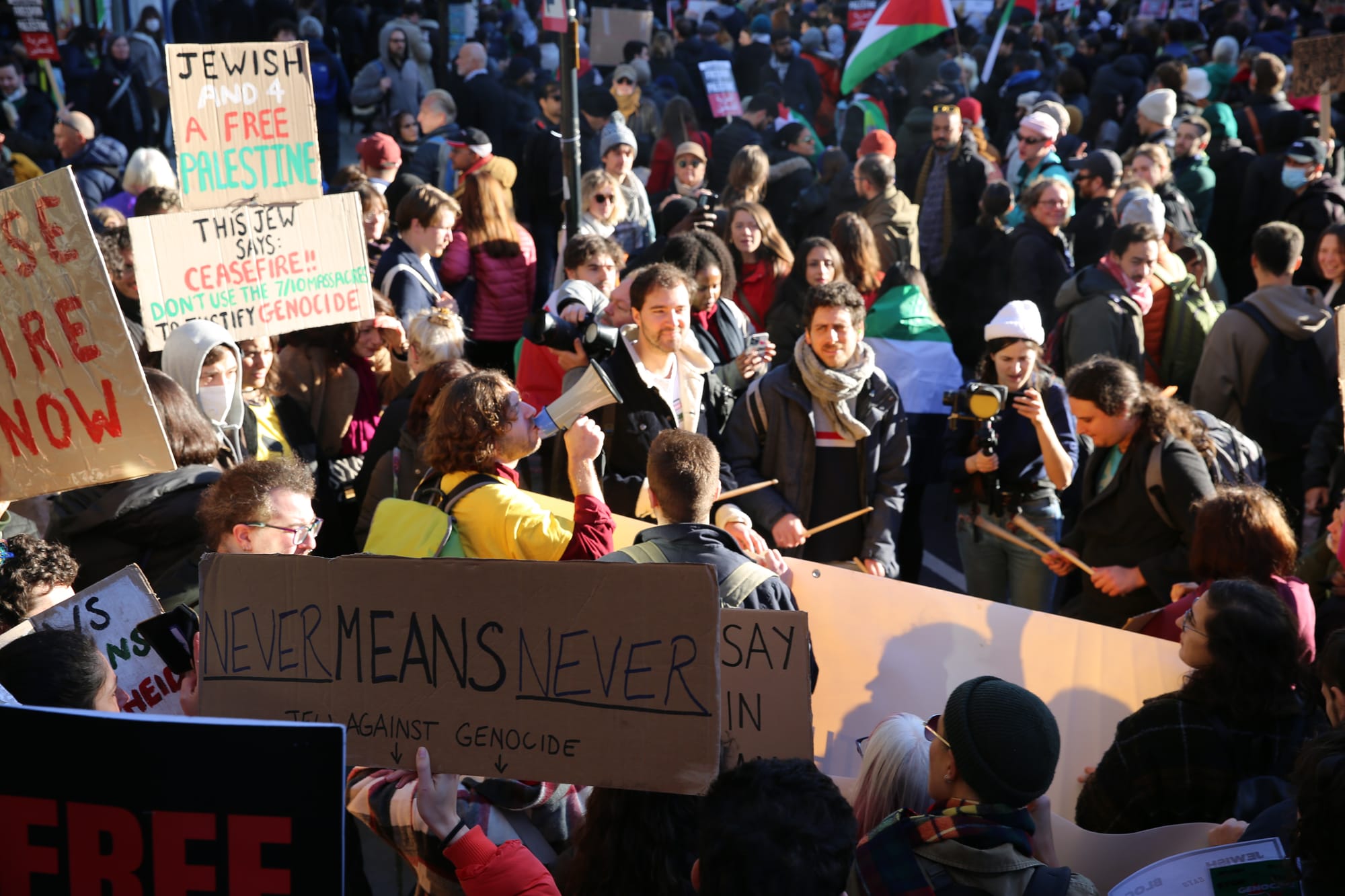 Jewish activists join hundreds of thousands of people marching through the streets of London for a ceasefire in Gaza, 11 November, 2023. Credit: Jacob Lazarus