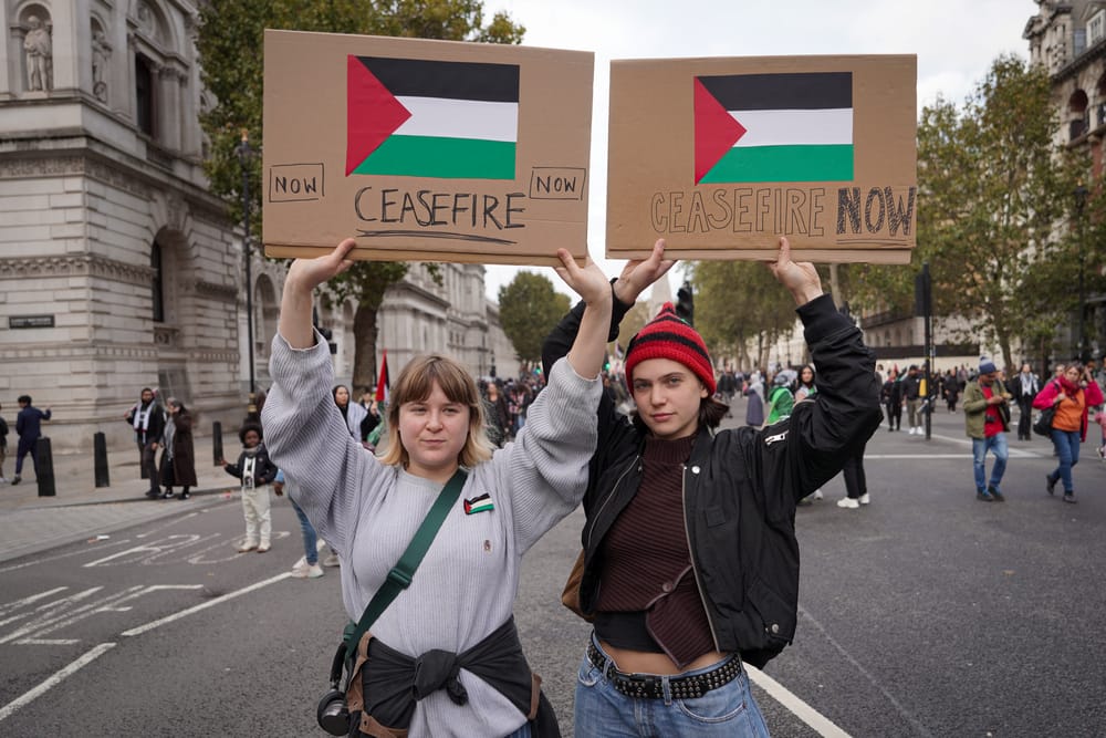 Two people stand side-by-side in the streets of London, holding cardboard placards that say "Ceasefire Now" below Palestin