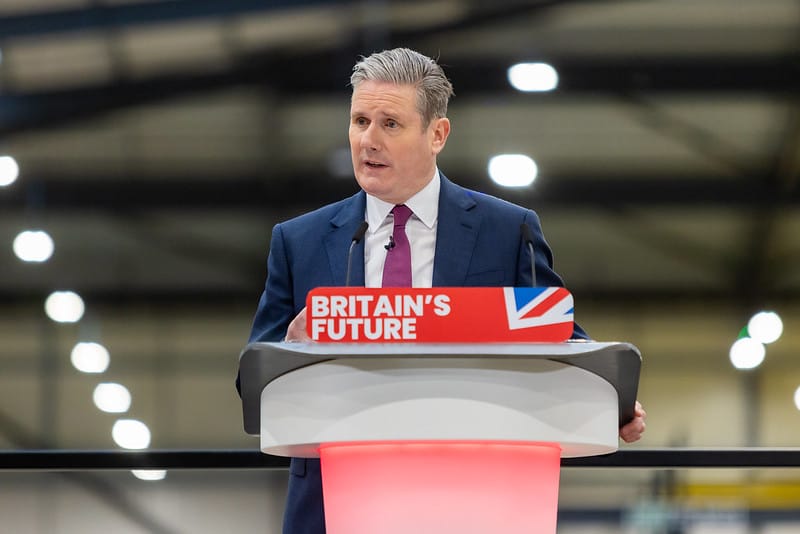 Keir Starmer, leader of the Labour Party delivers a speech in Milton Keynes.